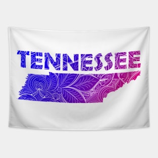 Colorful mandala art map of Tennessee with text in blue and violet Tapestry