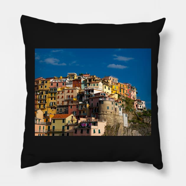 View on the cliff town of Manarola, one of the colorful Cinque Terre on the Italian west coast Pillow by Dolfilms