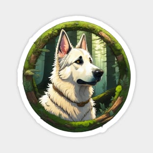 White German Shepherd Dog In A Mossy Forest Magnet