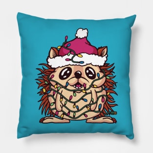 Cute Christmas Hedgehog Wrapped in Christmas Lights Pillow