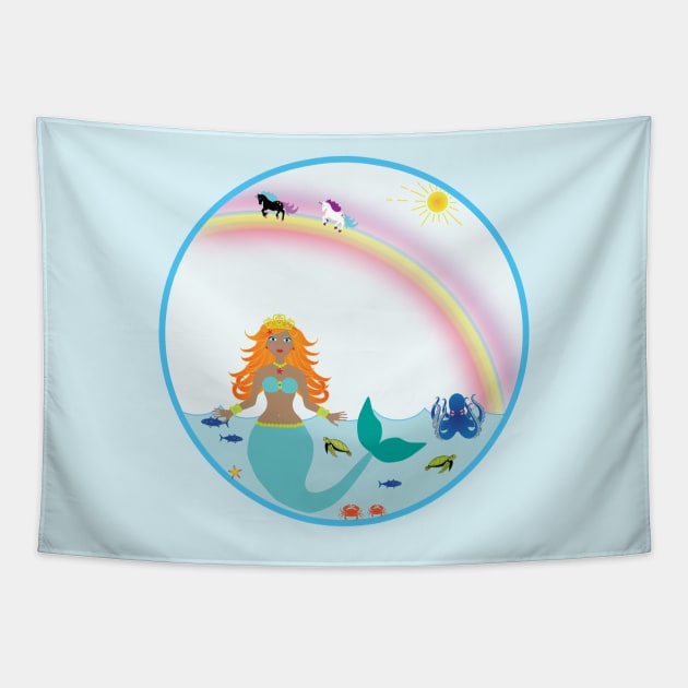 Mermaid in Sea with fish octopus crabs turtles unicorns and rainbow Tapestry by Rosemarie Guieb Designs