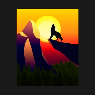 Minimalist Mountain Landscape, Wolf Howling at Red Sunset T-Shirt