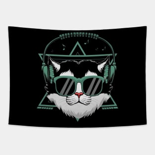 Meowzic in the Air: Cat Rocking Headphones Tapestry