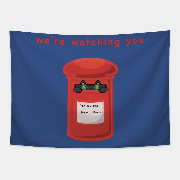 We’re watching you, cute cat hidden in British red postbox Tapestry by Catphonesoup