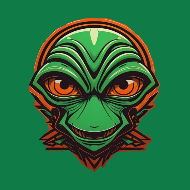 Green Alien Orange Eyes Neon Retro Halloween by Creative Creation