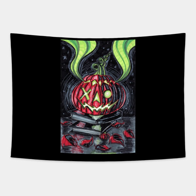 Glowing Green Jack O' Lanter on Top of Books Tapestry by saradaboru