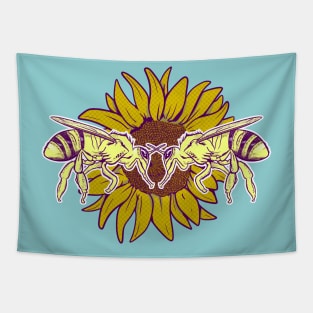 Honey bees on a sunflower Tapestry