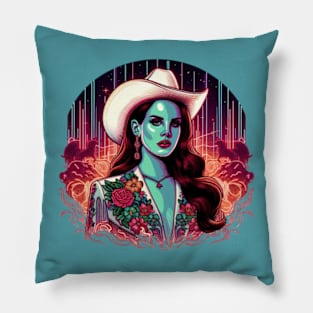 Neon Cowgirl Dreams: Lana Del Rey in Psychedelic Desert Nights Pillow