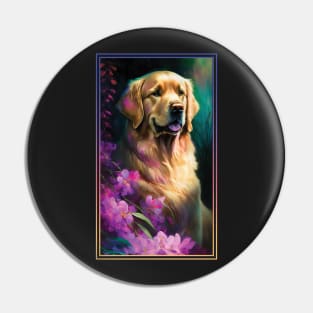 Golden Retriever Dog Vibrant Tropical Flower Tall Digital Oil Painting Portrait Pin