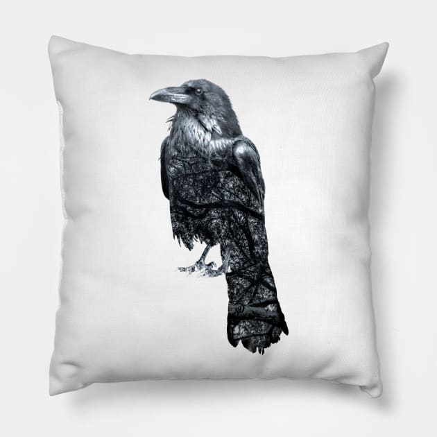 Double Exposure Crow & Tree Branches Pillow by SingeDesigns