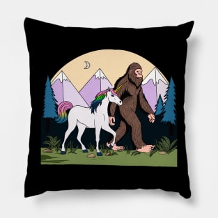 Mythical Creatures Bigfoot And Unicorn In The Wild Halftone Pillow