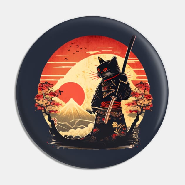 Ninja Cat Japanese Vintage Sunset Sword Pin by YuriArt