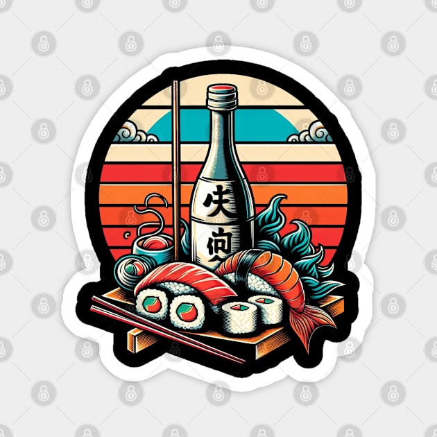 Sushi and Sake Vintage | Men's Kanpai Japanese Art Lover Magnet by CP6Design