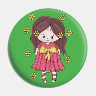 Cute little Bella girl with flowers red dress and yellow bow Pin