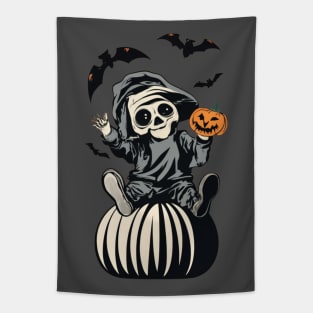 “Skeleton with Jack-O-Lantern and Bats Tapestry