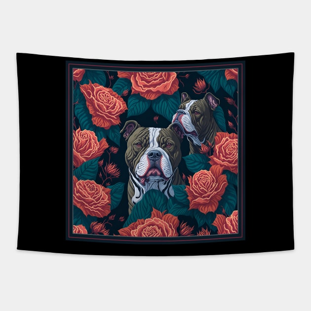 Dogs, pit bull and roses, dog, seamless print, style vector (red roses grey pit) Tapestry by xlhombat