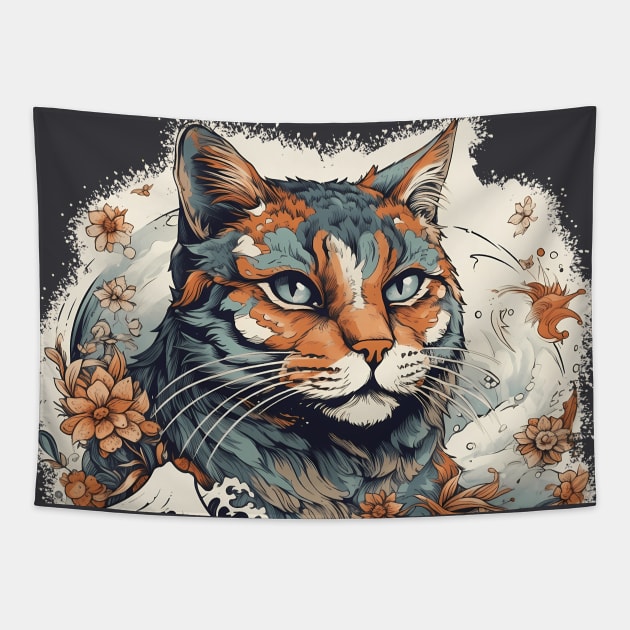 Tranquil Autumn Ukiyo-e Cat Portrait Tapestry by Amour Grki