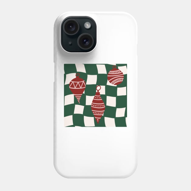 Abstract Checker Board with Christmas Tree Ornaments Cranberry Red and Forest Green Phone Case by JuneNostalgia