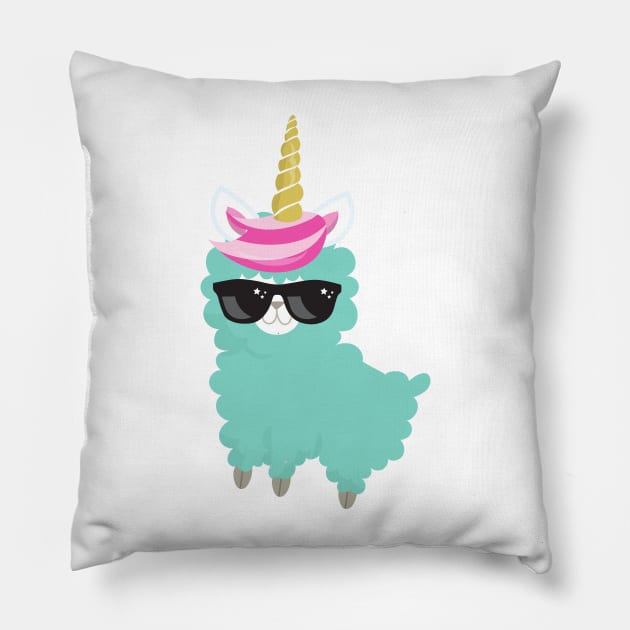 Unicorn Llama, Green Llama, Llama With Sunglasses Pillow by Jelena Dunčević