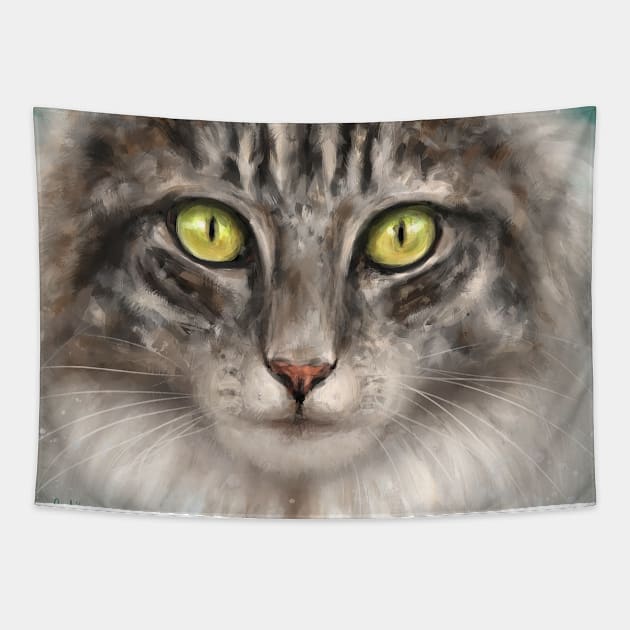 Painting of a Grey and White Fluffy Cat with Gorgeous Green Eyes Tapestry by ibadishi