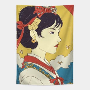 Woman wearing kimono and red bow Tapestry