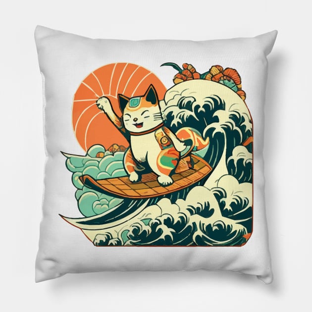 Japanese Aloha Surf Cat Pillow by Kona Cat Creationz