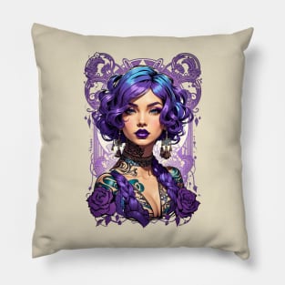 Bohemian Purple haired woman retro vintage tribal design Pillow