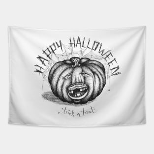Hand drawn handwriting lettering happy halloween spooky smiling toothless pumpkin Tapestry