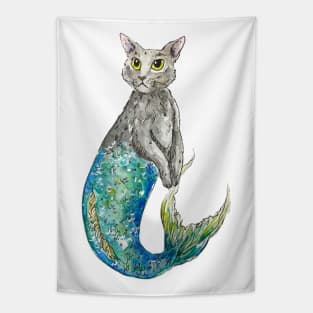 Grey Mermaid Cat Tapestry