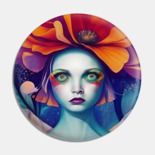 Pop surrealism painting of a pretty girl with poppy and rose girl Pin