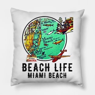 Miami Beach Florida Beach Life Distressed Vintage Old Map Pillow