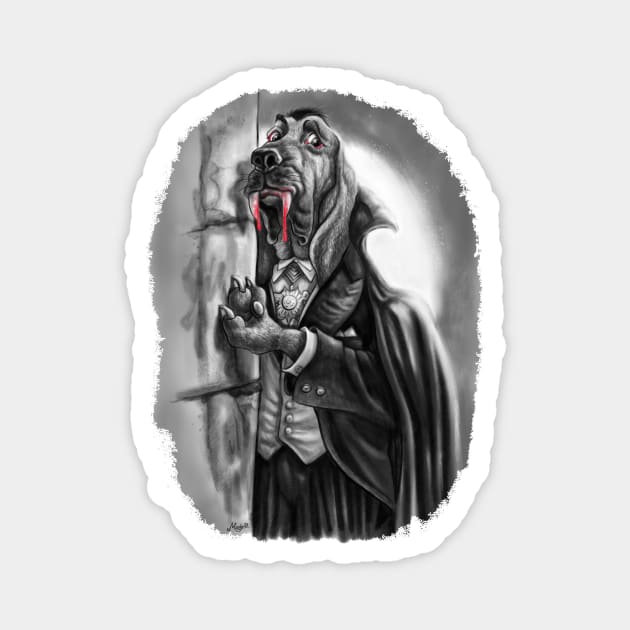 A bloodhound wearing a vampire cape
