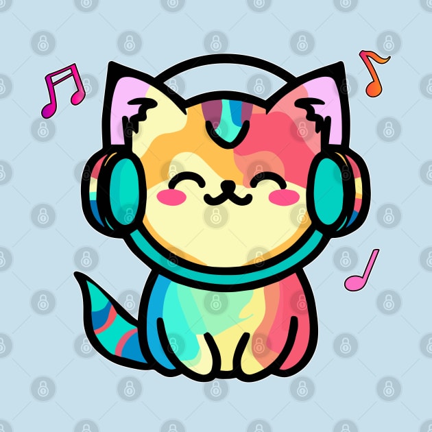 Happy smiling baby pussy cat with headphones. Kawaii cartoon by SPJE Illustration Photography