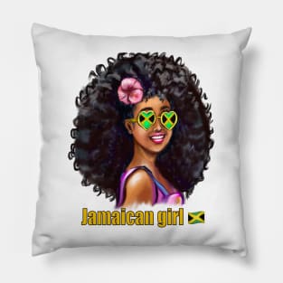 The best Gifts for black women 2022 Jamaican girl with Jamaican flag Sun shades and pink hibiscus flower in her big natural afro hair. Jamaica Pillow