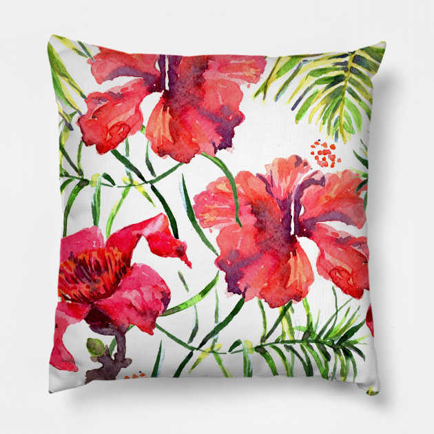 Watercolor tropical leaves and plants. Hand painted jungle greenery background Pillow by Olga Berlet