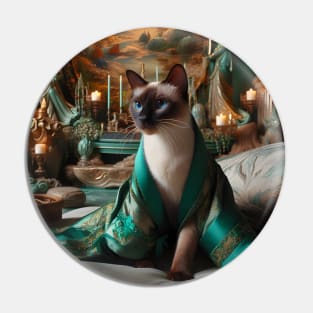 Siamese Cat in Green Silk Robe Pin