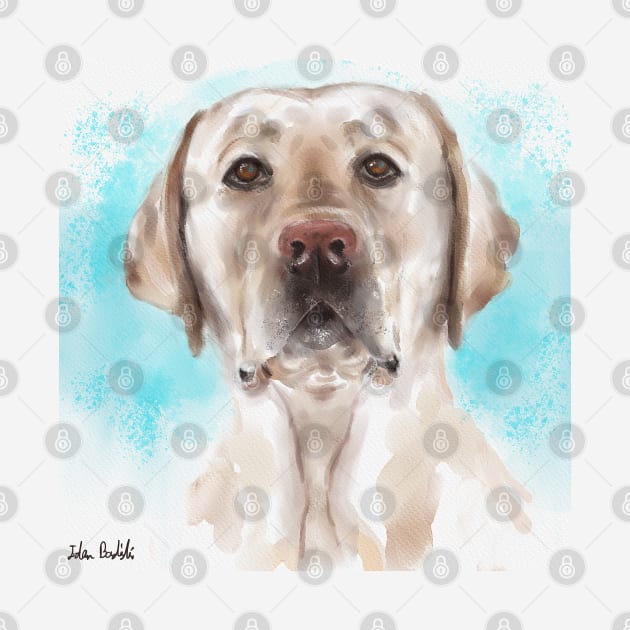 Watercolor Portrait of a Curious Yellow Labrador on a Light Blue Background by ibadishi