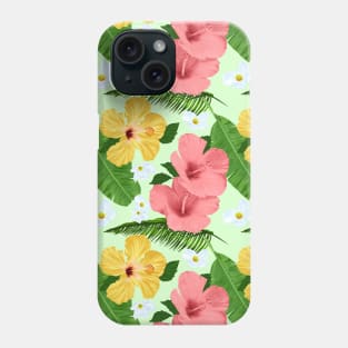 Tropical Hibiscus and Palm Fronds in Light Green Phone Case