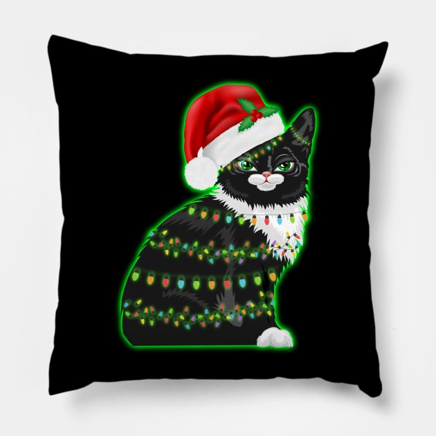 Black Cat christmas light funny cat lover christmas Pillow by ZenCloak