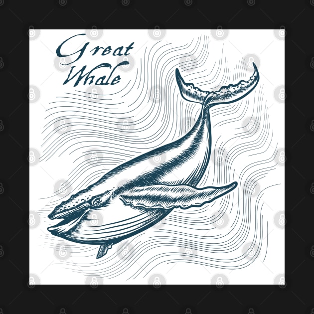 Great Whale in deep water. Engraving style. Only free font used. by devaleta