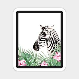 Zebra, Tropical leaves and flowers, Animal, Nursery, Trendy decor, Interior Art Print Magnet