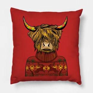 Scottish Highland Cow Wearing A Red Sweatshirt Pillow