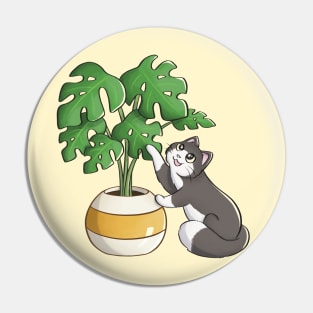 Cat Playing With Monstera Leaf Pin