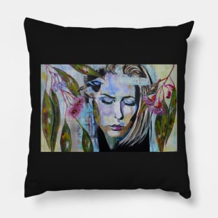 Breath of Fragility - Abstract Portrait and Bird Art Pillow