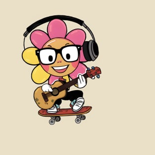 Skater Sunflower Playing Ukulele Cartoon T-Shirt