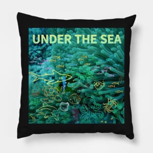 under the sea,blue sea,sea creatures,Turtle, puffer fish, starfish, shrimp, shark, tropical fish, sea horse, seaweed, sardines, squid, crabs, clams Pillow