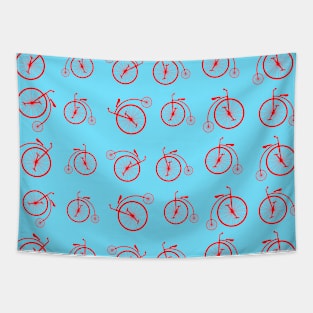 Red Retro Bicycle Pattern on Blue Background Tapestry