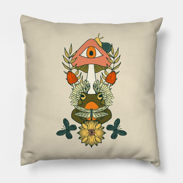 Retro Toadstool Psychedelic Frogs, Surreal Mushrooms, and Blooms Pillow by venglehart