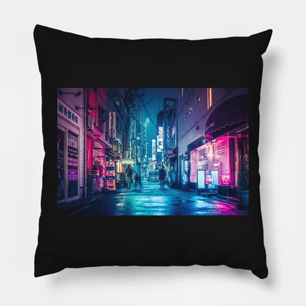 Tokyo Midnight Rain Pink and Blue aesthetic neon lights. Pillow by TokyoLuv