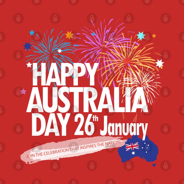 Happy Australia Day 26th January inscription poster with Australian Flag, Australia Map, stars and fireworks. Funny Australia, Patriotic National Holiday Festive Poster for gifts and clothing design. Festival Event decoration. by sofiartmedia